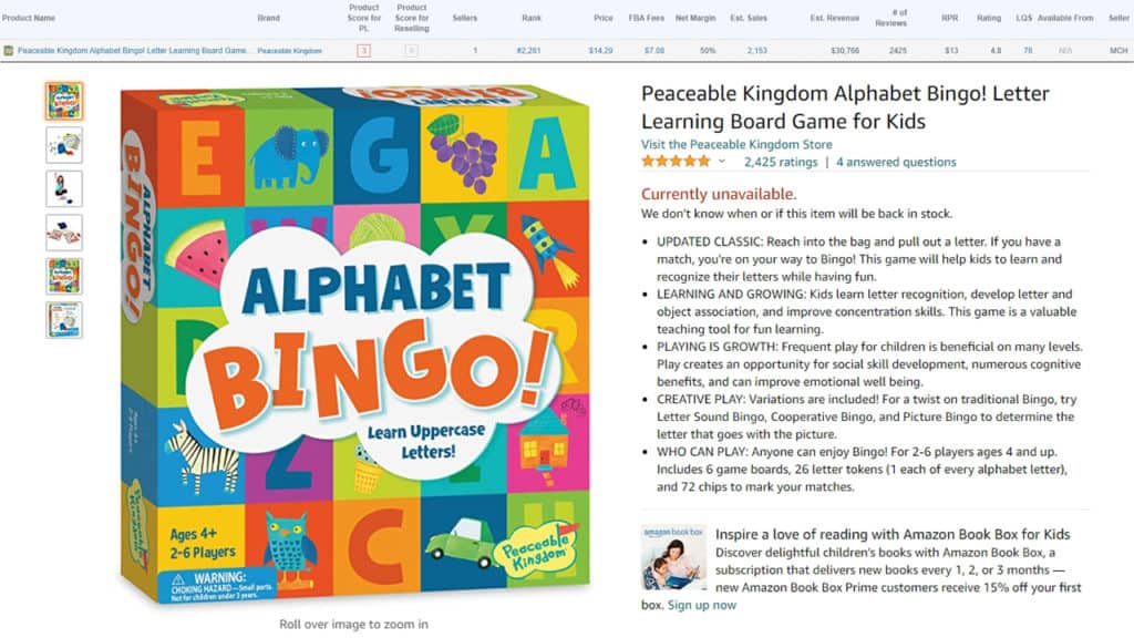 Peaceable Kingdom Alphabet Bingo! Letter Learning Board Game